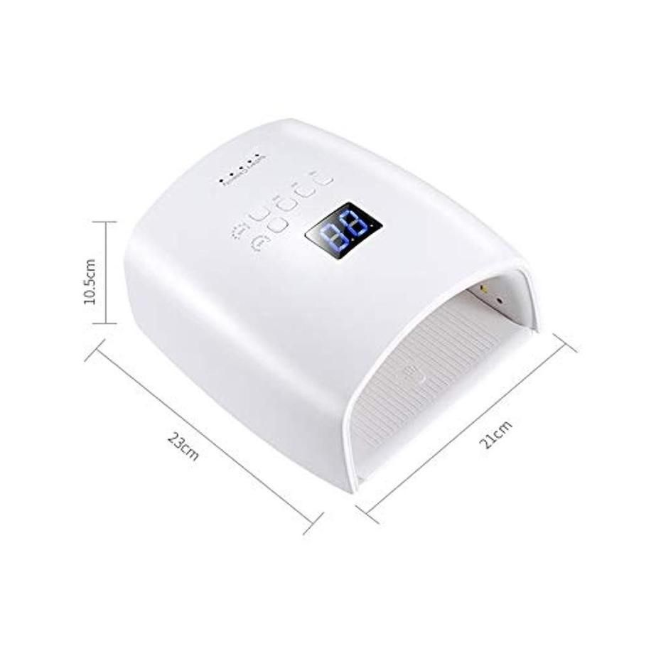 White nail dryer with digital display and dimensions.
